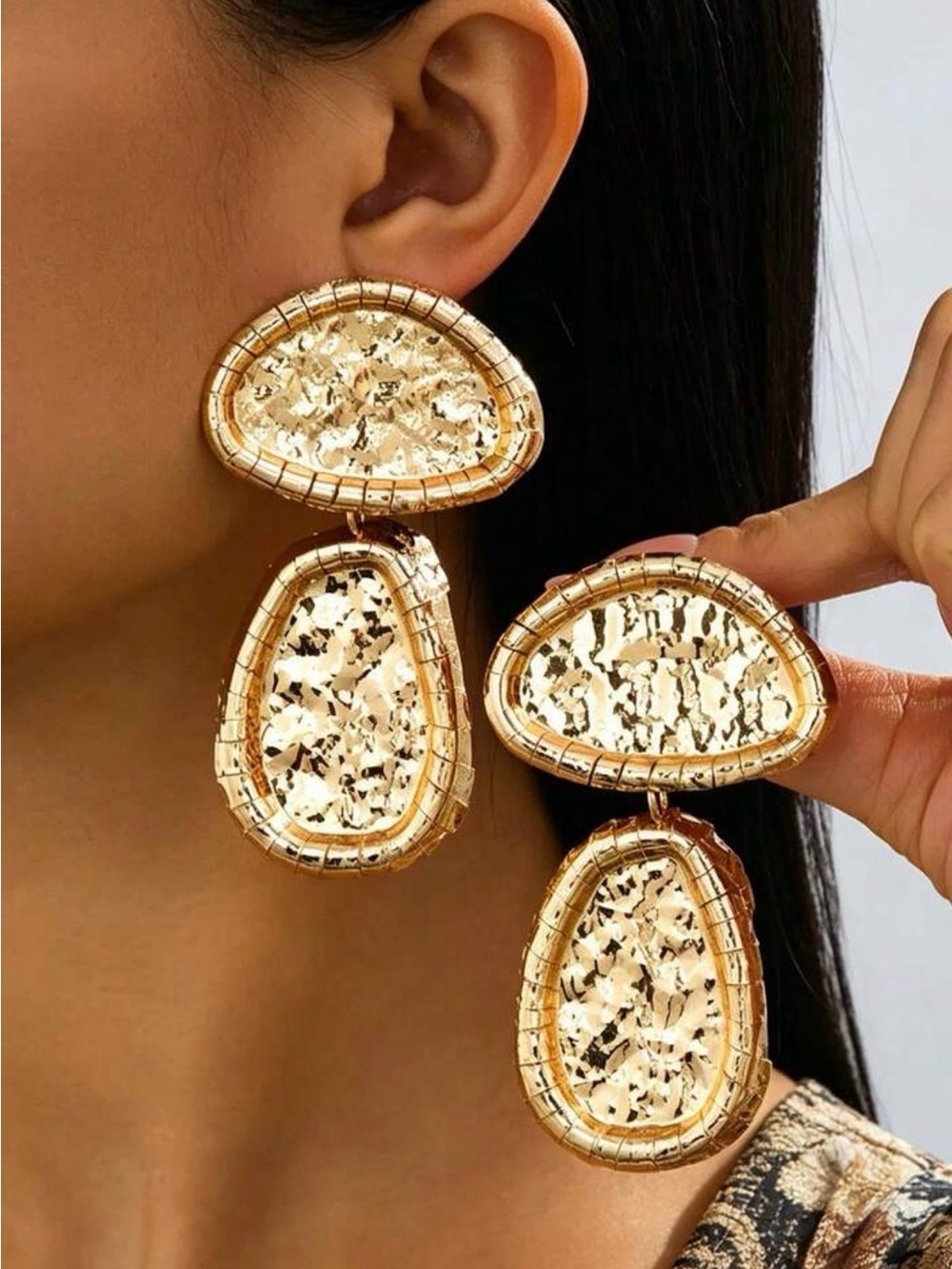 Sculpted Gold Tone Earrings – Artistic Textured Drop Design